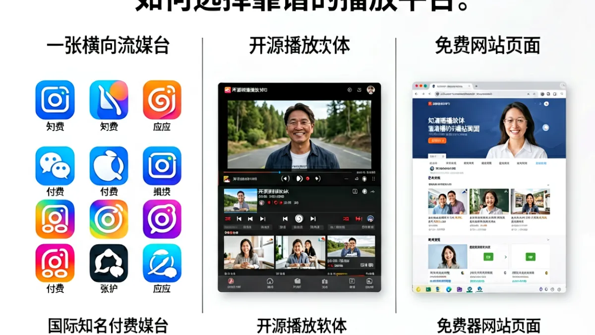 一张横向排列的平台对比示意图，左侧为国际知名付费流媒体应用的图标，中间为开源播放器软件的界面截图，右侧显示浏览器内的免费网站页面，三者用分隔线区分并配有简短标注